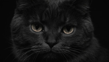 A cat with a sad look on its face and a black background