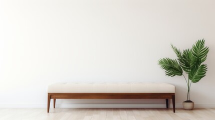  minimalist living room featuring a wooden bench and a lush potted plant, embodying the essence of modern simplicity.