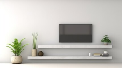 A modern living room wall featuring a mounted TV, floating shelves adorned with books and plants, exuding a Scandinavian minimalist aesthetic.