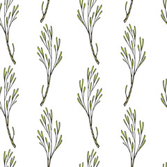 Vector seamless pattern with hand drawn evergreen branches. Beautiful design elements, ink drawing. Perfect for prints and patterns for Christmas or New Year holidays season.