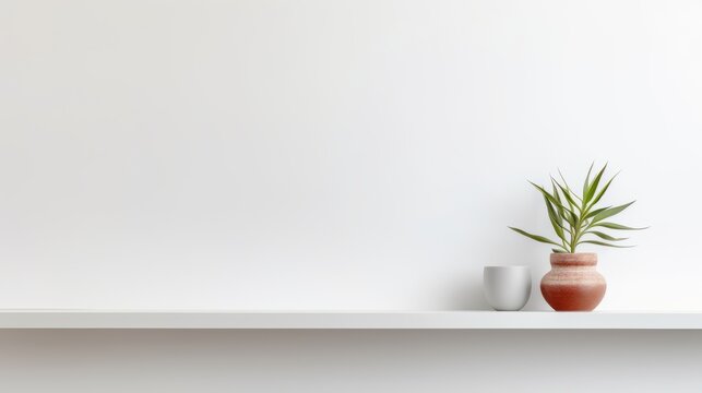 A minimalist wooden shelf featuring a small potted plant and a white mug, set against a pristine white wall.