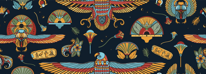 Ancient Egypt pattern. Egyptian culture background. Sacred scarab, Horus falcon, pyramids, magic eye, ethnic ornaments. Old school tattoo style - obrazy, fototapety, plakaty