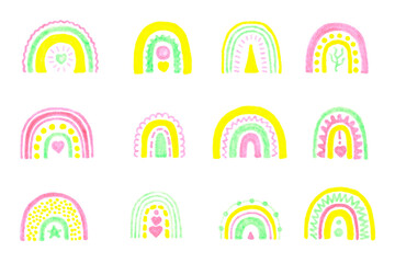 Watercolor rainbow illustration set, cute boho elements. Hand drawing of baby pictures. Delicate colors elements, watercolor wallpaper design.