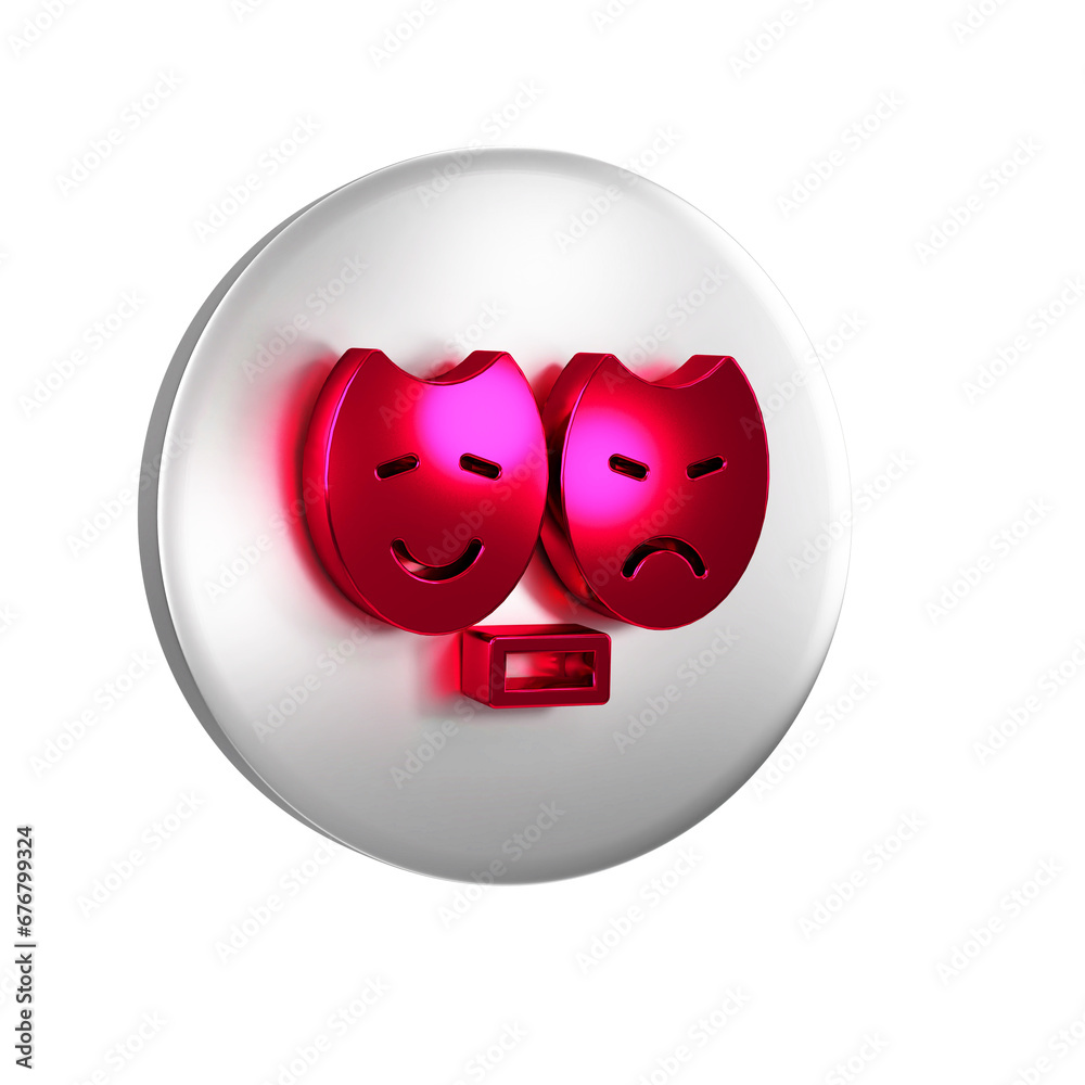 Poster red comedy and tragedy theatrical masks icon isolated on transparent background. silver circle butto