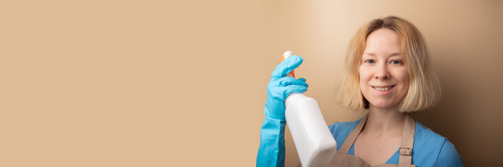 cleaning service banner, woman with cleaning products, Cleaner at work, Professional housekeeper