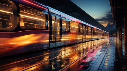 A moving subway car, train, at the evening station. Tram stop in the city. Speed, blurry movement of neon lights.