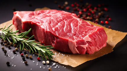 Raw beef steak with a sprig of rosemary on dark background