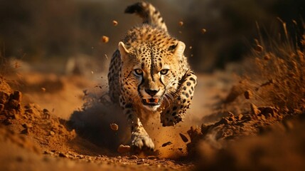AI illustration of A cheetah sprinting across a sandy path with its paws outstretched - obrazy, fototapety, plakaty