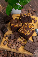 Brownie with almonds. Chocolate cake. Dark chocolate. Dessert