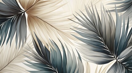  a close up of a wallpaper with a pattern of palm leaves in shades of blue, beige and white.  generative ai