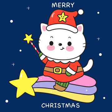 cat santa claus on the star christmas card happy new year