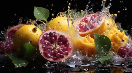  a bunch of fruit with water splashing out of it's sides and on top of it's sides.  generative ai