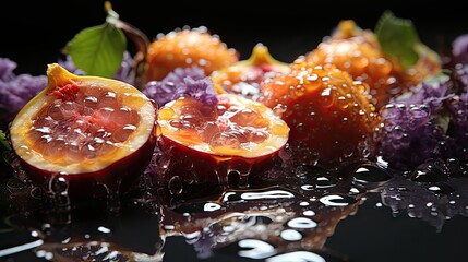  a couple of pieces of fruit sitting on top of a black surface with drops of water on top of them.  generative ai