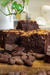 Brownie with almonds. Chocolate cake. Dark chocolate. Dessert