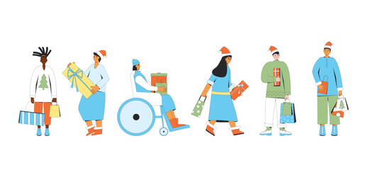 People with Christmas presents. Vector illustration