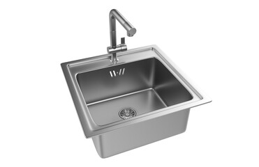 A stainless steel kitchen sink isolated on a white background, equipped with a faucet, and rendered in 3D.