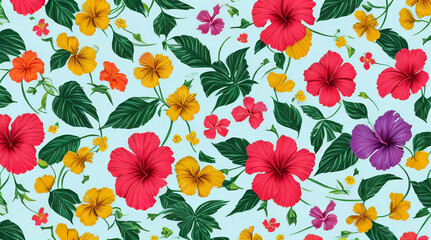 Capture the beauty of nature with a colorful hibiscus pattern in a whimsical and playful drawing style - Generative AI