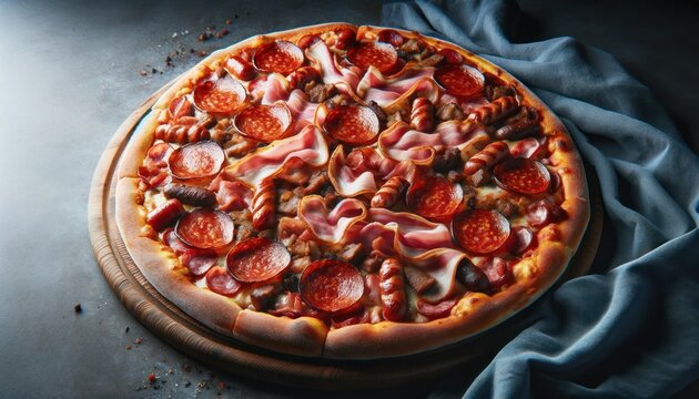 High-quality image of a gourmet Meat Lovers pizza with pepperoni, sausage, ham, bacon on a thick crust, presented on a wooden board
