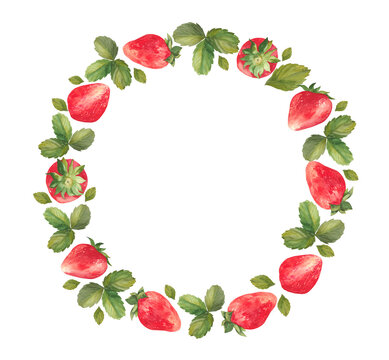 Strawberry Round watercolor Frame. Bright red berries and green leaves with flowers. Summer illustration for cards and invitations. Free space for text