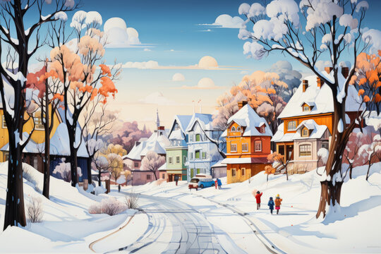 Winter city landscape, Small cozy town with small houses and people, trees and blue sky. Watercolor