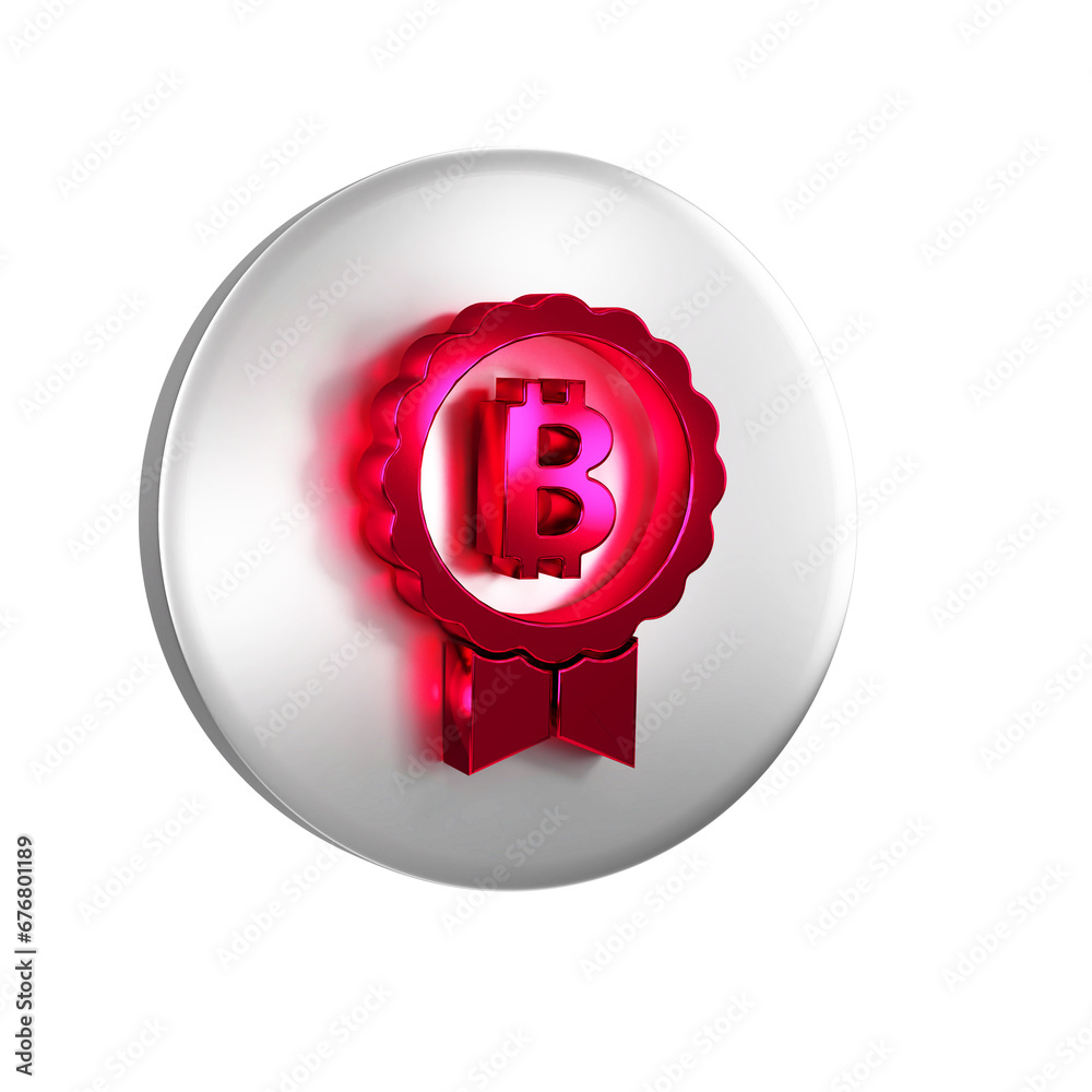 Sticker Red Cryptocurrency coin Bitcoin icon isolated on transparent background. Physical bit coin. Blockchain based secure crypto currency. Silver circle button.