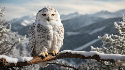 AI generated illustration of a snowy owl perches stoically on a snow-draped branch