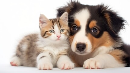 Curious Australian shepard puppy dog hugs kitten. Pets look away and up together on empty space....