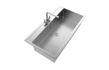 A stainless steel kitchen sink isolated on a white background, equipped with a faucet, and rendered in 3D.