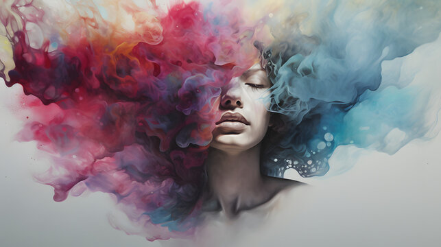 Woman aerosol  with cloud of colored powders stock photo, in the style of light orange and teal, video glitches, high quality photo, colorful explosions, striking composition, psychedelic surrealism