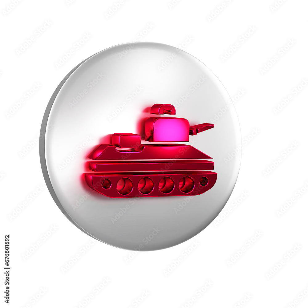 Poster red military tank icon isolated on transparent background. silver circle button.