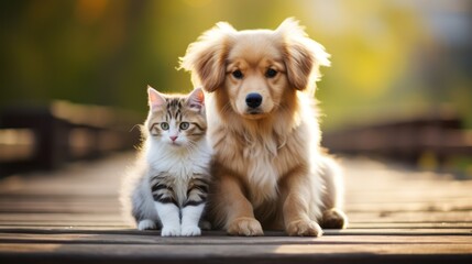 Cat and dog together, domestic animals friendship, friendly pets