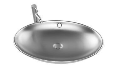 A stainless steel kitchen sink isolated on a white background, equipped with a faucet, and rendered in 3D.