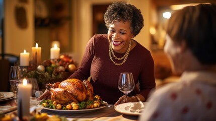 Happy African American mature woman brining stuffed turkey at dining table during family dinner, lifestyles, happiness, sitting, togetherness - obrazy, fototapety, plakaty