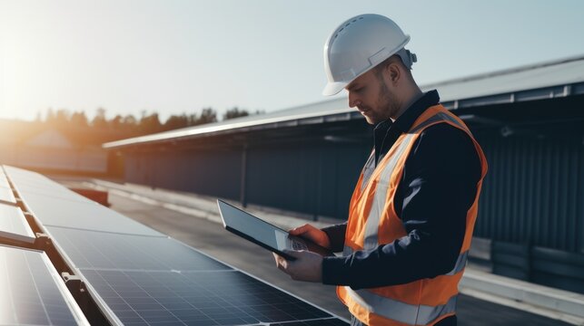 Engineer With Laptop And Tablet Maintenance Checking Installing Solar Roof Panel On The Factory Rooftop