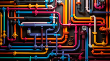 Pipes of various colors are tangled that are attached to the wall. All well connected. 3D graphic background design.