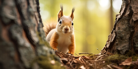 A red squirrel in the forest,Red Squirrel Amongst the Trees,Woodland Explorer: Red Squirrel Adventure