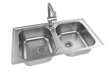 A stainless steel kitchen sink isolated on a white background, equipped with a faucet, and rendered in 3D.