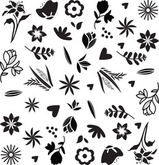 Set of flower and leaves silhouettes. Hand drawn floral design elements, icons, shapes.