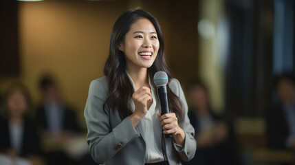 Asian Speaker is speaking in public while holding a microphone with happy smile on face. Business seminar concept. Seminar room. Lecture Class. - obrazy, fototapety, plakaty