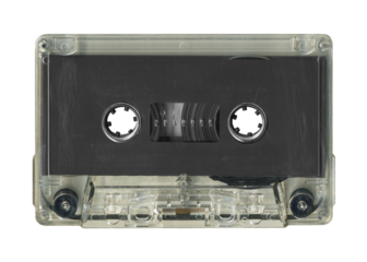 Vintage audio cassette tape isolated. Obsolete technology of audio recording and playback format audio cassette tapes, top view. 80s retro music background.