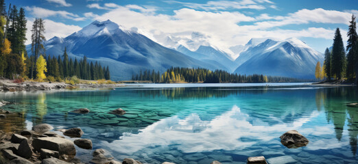 Captivating Landscape: Serene Lake Surrounded by Nature's Beauty under a Clear Blue Sky