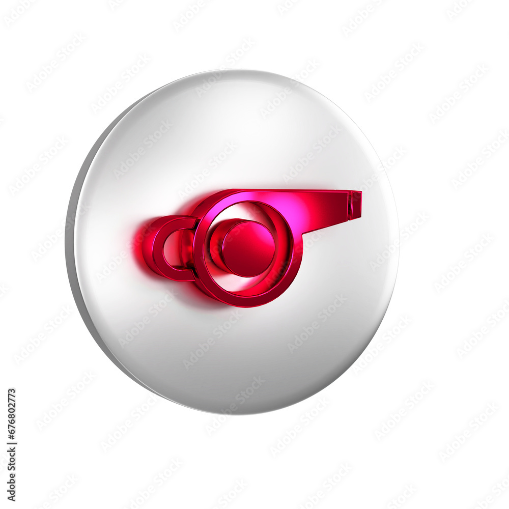 Sticker Red Whistle icon isolated on transparent background. Referee symbol. Fitness and sport sign. Silver circle button.