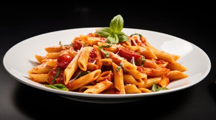  a plate of pasta with tomato sauce, basil, and sauce on a black table with a fork and knife.  generative ai