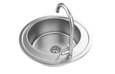 A stainless steel kitchen sink isolated on a white background, equipped with a faucet, and rendered in 3D.