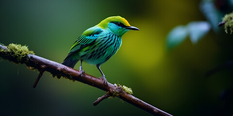 A bird with a bright green head and yellow head sits on a branch,Chartreuse Charisma: A Bright Green and Yellow-Headed Bird Enjoying a Perch
