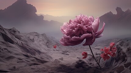  a large pink flower sitting in the middle of a rocky area with a mountain range in the distance behind it.  generative ai