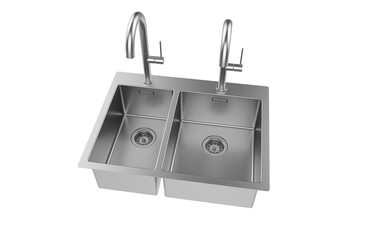 A stainless steel kitchen sink isolated on a white background, equipped with a faucet, and rendered in 3D.