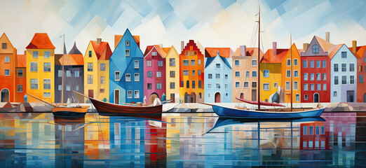 Beautiful nordic city maritime scene with colorful buildings and a folkloric theme, colorful palette and azure waters - obrazy, fototapety, plakaty