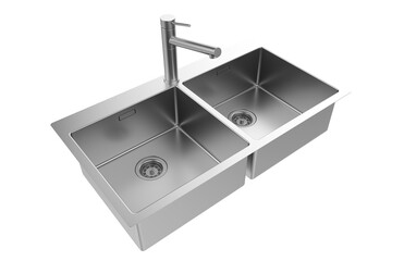 A stainless steel kitchen sink isolated on a white background, equipped with a faucet, and rendered in 3D.