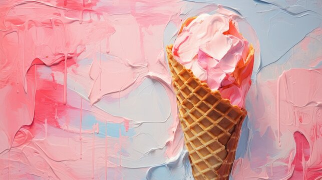  An Ice Cream Cone With Pink Icing On A Blue And Pink Painted Background With Pink And White Swirls.  Generative Ai